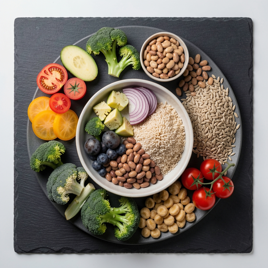 Overhead flat-lay of a balanced meal with seasonal vegetables, whole grains, and legumes arranged on a dark slate surface in a clean studio setting