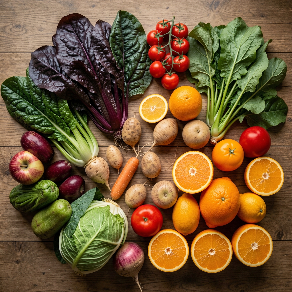Variety of colourful seasonal vegetables and fruits arranged on a wooden surface including dark leafy greens, root vegetables, and citrus fruits photographed from above