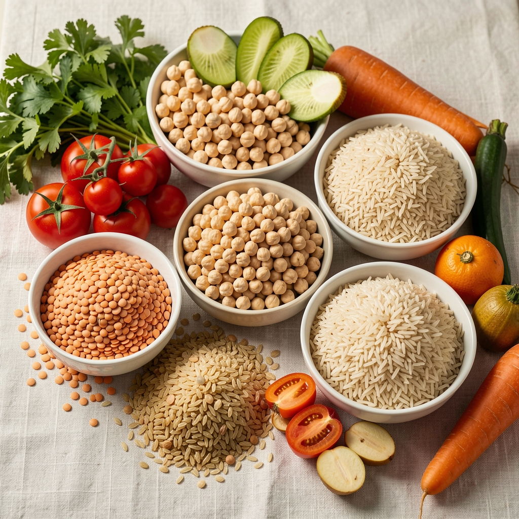 Colourful array of whole foods including lentils, chickpeas, brown rice, and seasonal vegetables laid out on a light linen surface