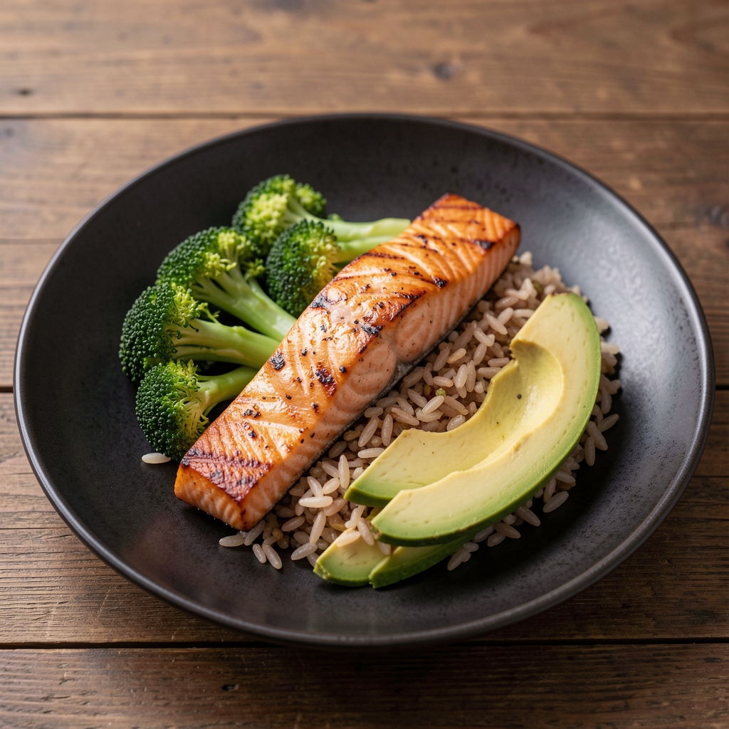 Balanced meal bowl with grilled salmon, steamed broccoli, brown rice, and sliced avocado on a dark ceramic plate