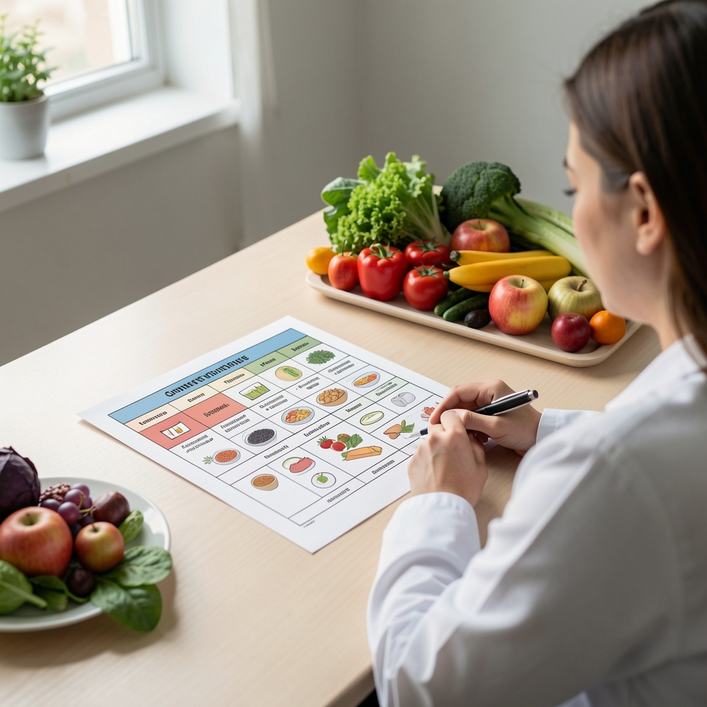 Nutritionist consultation in progress with a printed meal planning chart spread across a light desk next to fresh produce samples